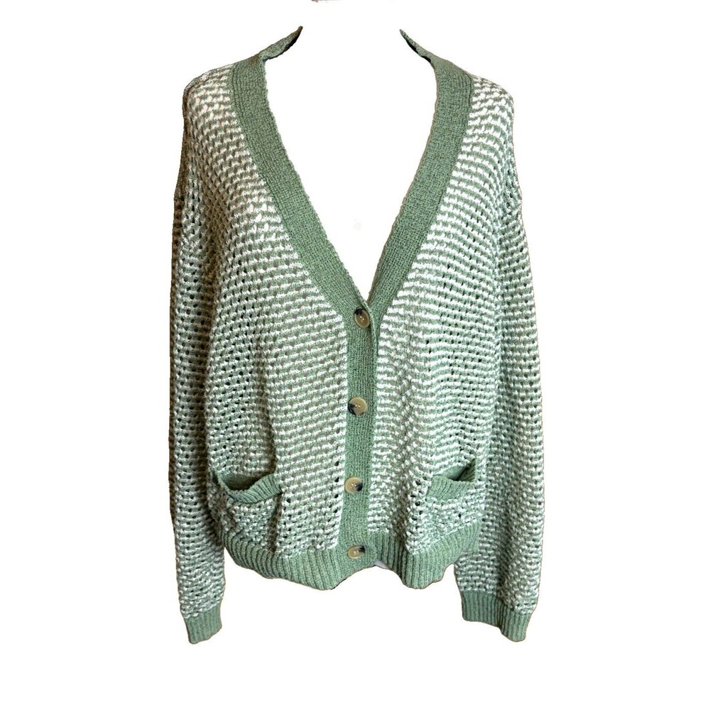 Women’s Green/White Striped Open-Knit Button Cardigan L/XL Boho Crochet